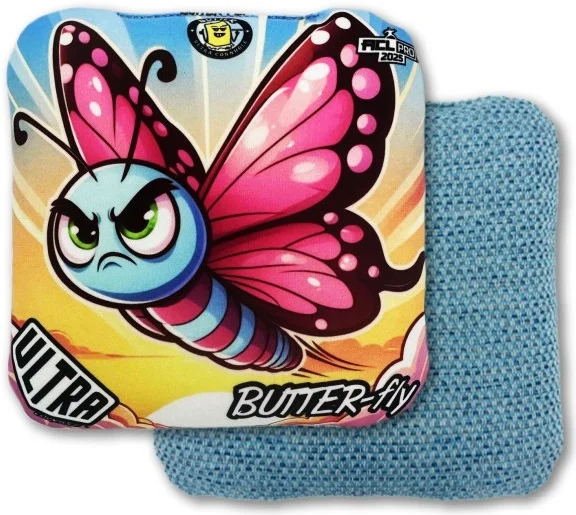 This Ultra Cornhole bag features a vibrant, animated butterfly with a tough, determined expression. The butterfly's wings are detailed with shades of pink and black, contrasting against a bright yellow and blue background. The bag’s front highlights the "Butter-fly" name, symbolizing both smooth play and reliable performance. The reverse side is textured, with a light blue fabric perfect for grip. This bag is known for its consistent speed and weather performance, offering players precision control in varying conditions.