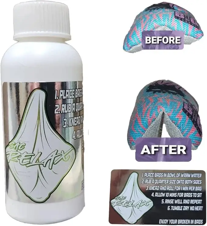 Break in Cornhole Bags: A bottle labeled 'SAC Relax' with instructions on breaking in cornhole bags. The image shows a 'before' and 'after' comparison of a cornhole bag, highlighting the improved softness after using the product 