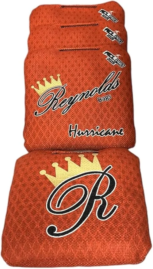 Red Reynolds cornhole bags from the Hurricane series, known for their fast side and slick feel for slide shots.