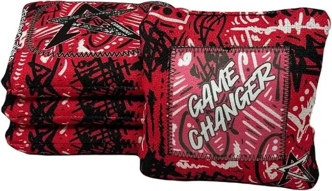 GameChanger Cornhole Bags in a vibrant red and black design, featuring bold lettering and artistic patterns, offering a premium playing experience for competitive cornhole players.