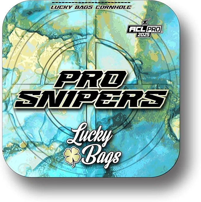 Pro Snipers cornhole bag by Lucky Bags Cornhole featuring a blue and yellow target design with ACL Pro 2025 logo