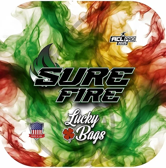 SureFire cornhole bag by Lucky Bags Cornhole with a vibrant green, yellow, and red design featuring the ACL Pro 2025 logo, known for its hole-friendliness and Made in USA