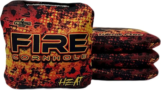 Set of Fire Cornhole bags from the Heat series, featuring a fiery red, orange, and black design. The text 'FIRE CORNHOLE' and 'Heat' is prominently displayed on the bags.