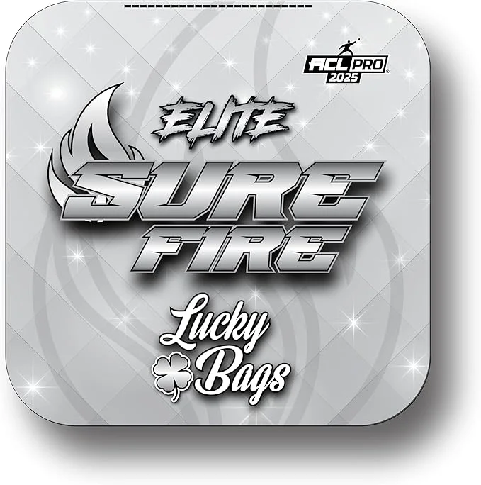 Elite SureFire cornhole bag by Lucky Bags Cornhole with a sleek silver design and ACL Pro 2025 logo, known for its elite performance and hole-friendliness