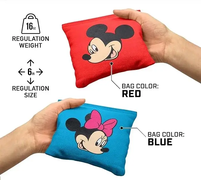 Cornhole bags for children featuring cartoon designs. The set includes a red bag with Mickey Mouse and a blue bag with Minnie Mouse. These bags are regulation size (6 inches) and weight (16 oz), great for fun, themed cornhole games for kids.