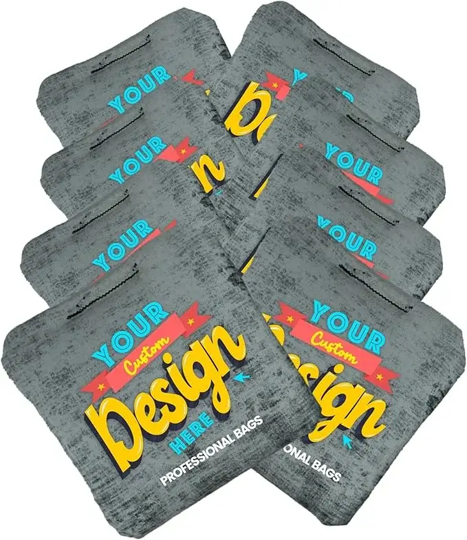 Custom cornhole bags with 'Your Custom Design Here' text, allowing users to create unique, personalized designs. These professional-grade cornhole bags are regulation size and weight, ideal for personal cornhole bags.