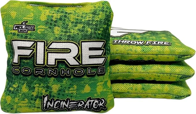 Set of Fire Cornhole bags from the Incinerator series, featuring a vibrant green and yellow camo-style design. The text 'FIRE CORNHOLE' and 'Incinerator' is prominently displayed on the bags.