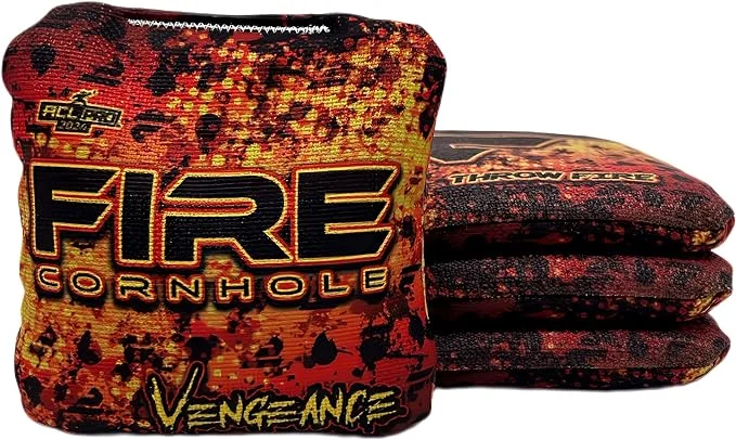 Set of Fire Cornhole bags from the Vengeance series, featuring a bold flame-themed design with red, yellow, and black colors. The text 'FIRE CORNHOLE' and 'Vengeance' is prominently displayed on the bags.