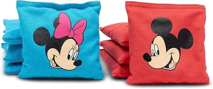 Set of custom cornhole bags for children featuring Mickey and Minnie Mouse. The blue bag shows Minnie Mouse with a pink bow, and the red bag features Mickey Mouse. Great for custom theme cornhole games for kids.