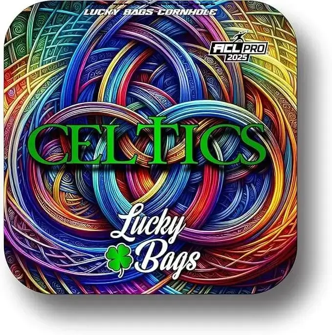 Celtics cornhole bag by Lucky Bags Cornhole featuring a vibrant Celtic knot design in blue, red, and green with the ACL Pro 2025 logo