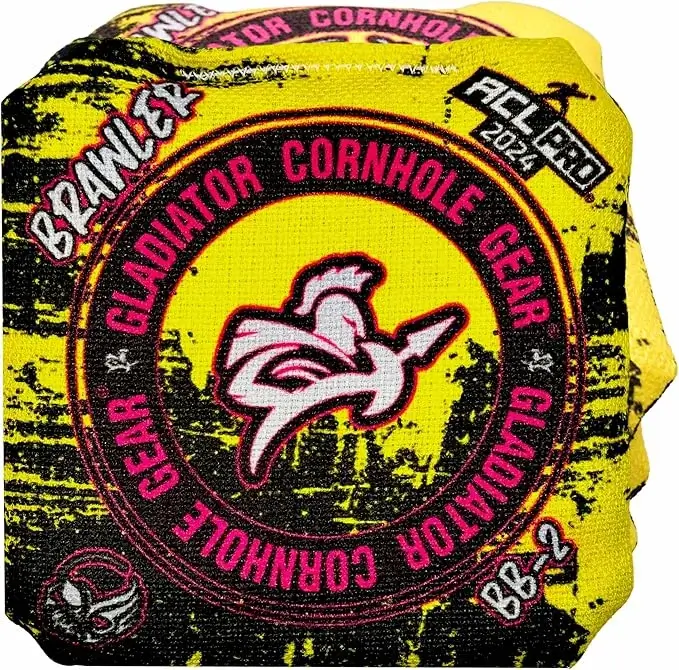 Gladiator Cornhole Gear Brawler ACL Pro 2024 cornhole bags in bright yellow and black design, featuring a gladiator helmet logo and rugged texture for professional-grade play