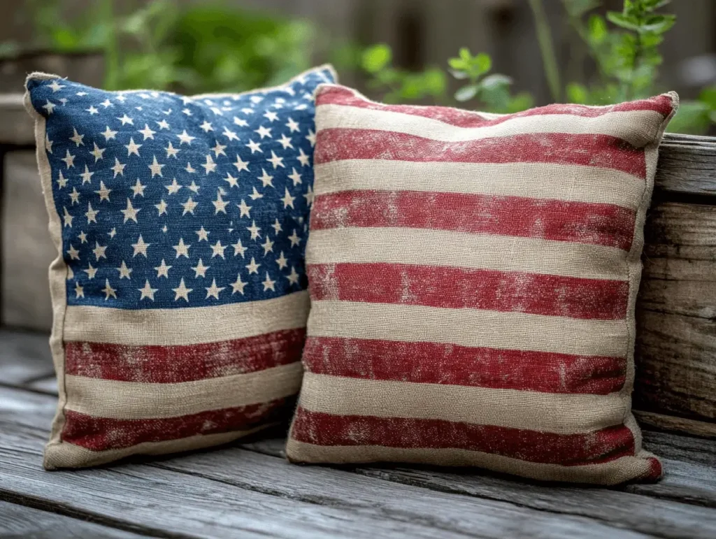 Two rustic American flag-themed cornhole bags, perfect for patriotic gameplay. These bags bring to mind American cornhole team names like 'Stars & Stripes Slingers,' 'Cornhole Patriots,' and 'The Bag Spangled Banners,' adding a touch of red, white, and blue pride to any cornhole match.