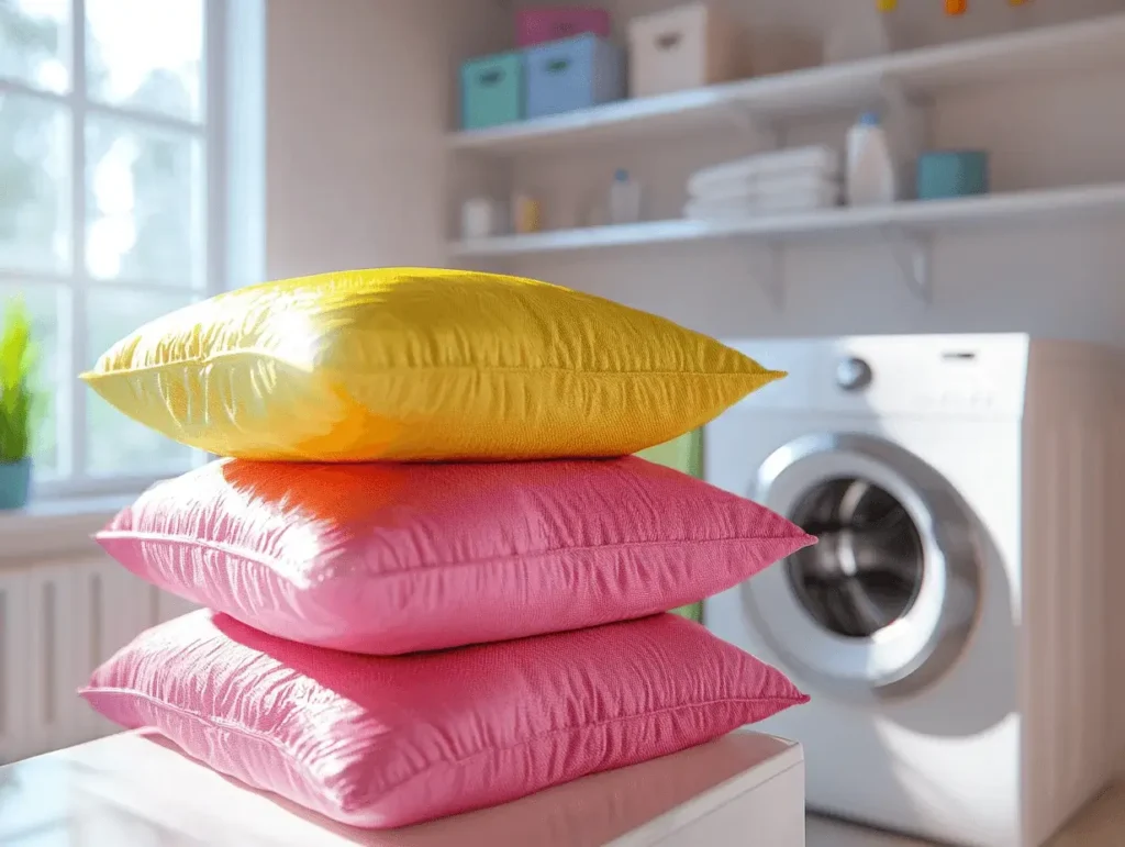 Cozy laundry room with a modern washing machine and a stack of cornhole bags, perfect for cleaning your cornhole bags to keep them fresh and ready for play.