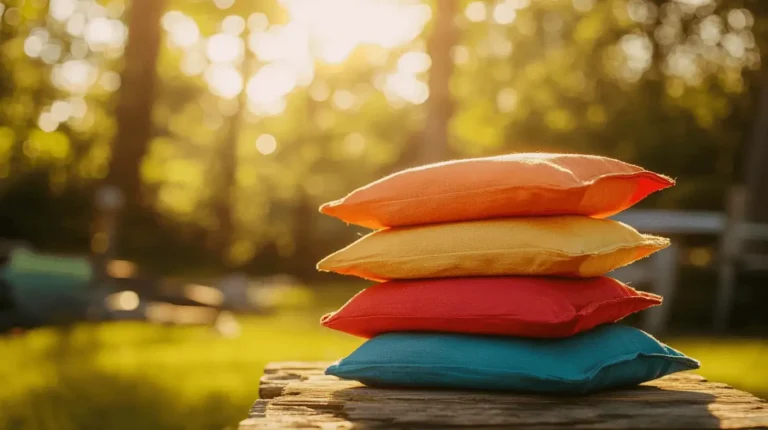 Stack of colorful cornhole bags on a rustic wooden table, basking in warm sunlight with a blurred outdoor background, ideal for a cornhole bags buying guide to help choose the perfect bags for backyard games.