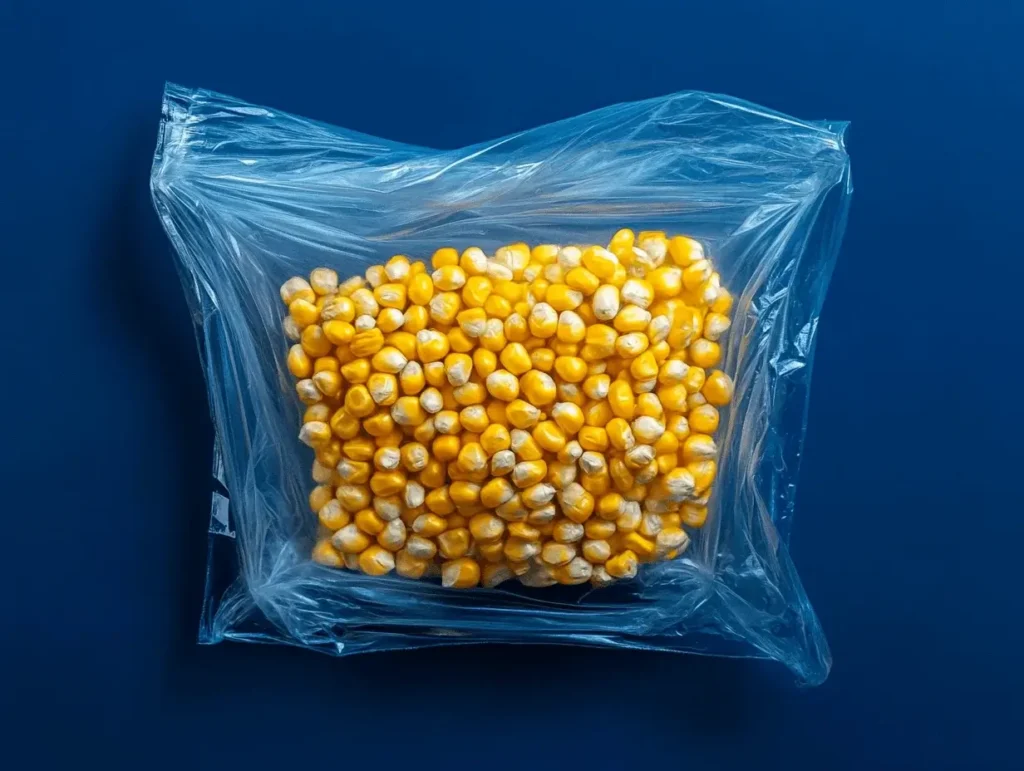 Plastic bag filled with dried corn kernels, commonly used as traditional filling for cornhole bags, against a navy blue background.