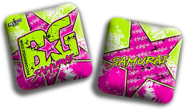 A vibrant pair of BG Samurai cornhole bags featuring neon green, pink, and white splattered designs. One side prominently displays the BG Samurai logo with a star, while the other side features the word "Samurai" in bold lettering over a star graphic, representing a high-performance ACL Pro bag.