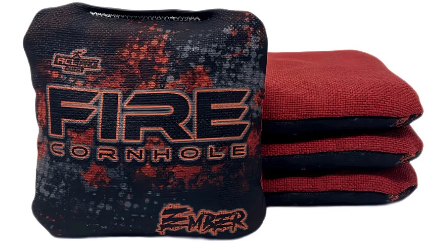 Set of Fire Cornhole bags from the Ember series, featuring a dark black and red design with ember-like accents. The text 'FIRE CORNHOLE' and 'Ember' is prominently displayed on the bags.