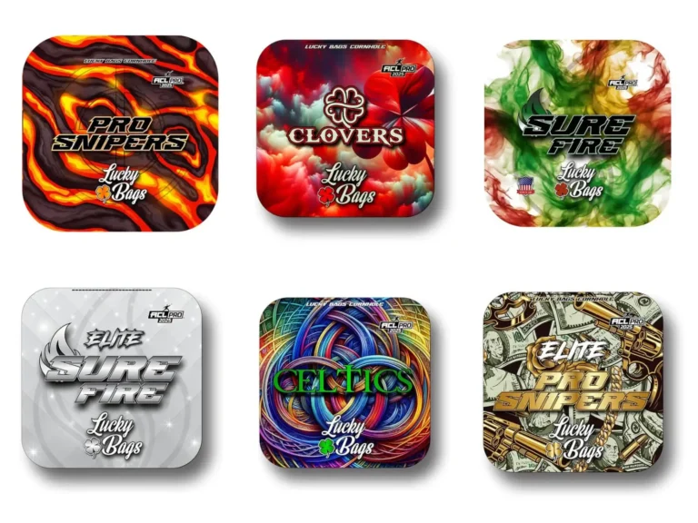 Six different cornhole bags from Lucky Bags brand, each with unique designs. Top row: "Pro Snipers" in a fiery, lava-themed design; "Clovers" with a red and green cloud-like background featuring a large four-leaf clover; "Sure Fire" with swirling smoke patterns in green, yellow, and red. Bottom row: "Elite Sure Fire" in a sleek silver design; "Celtics" with a vibrant rainbow swirl and green text; "Elite Pro Snipers" with a money-themed background of dollar bills and gold weapons. All bags include the Lucky Bags logo with a small clover icon.