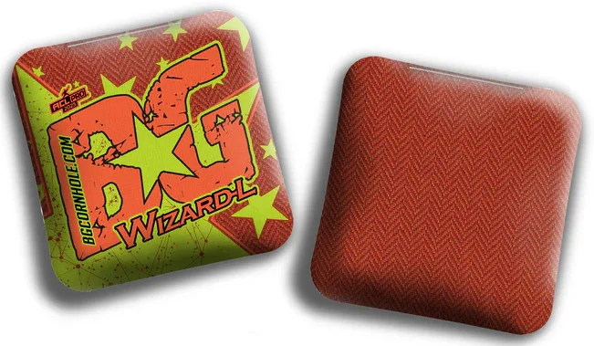 A pair of BG Wizard-L cornhole bags with a striking orange and lime green design. The front side features the BG Wizard-L logo in bold lettering with star accents, while the reverse side displays a textured orange herringbone pattern, showcasing the durable fabric used for enhanced control and performance in cornhole games.