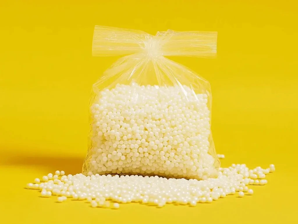 Plastic bag filled with white plastic pellets, a durable alternative filling for cornhole bags, set against a bright yellow background.