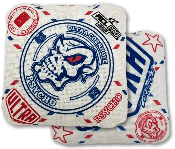 Psycho Air Mail Express Ultra Cornhole Bag: Designed with bold red, white, and blue postal themes, this Ultra Cornhole bag showcases a menacing skull graphic in the center, evoking the "Psycho" branding. The bag has a retro postage stamp motif, symbolizing fast and reliable airmail throws on the board. The reverse side is white with a slightly textured surface for enhanced grip. It's a top pick for players who want a fast-sliding bag with attitude.