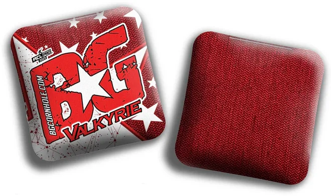 A set of red BG Valkyrie cornhole bags, featuring a star-studded design on the front with "BG Valkyrie" and the BG logo in bold lettering. The backside showcases a textured hybrid material, ideal for controlled, versatile gameplay.