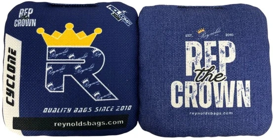 Blue Reynolds cornhole bags from the Cyclone series, combining smooth texture with controlled speed for a dynamic playing experience.
