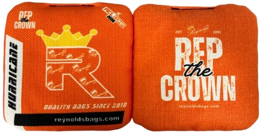 Orange Reynolds cornhole bags from the Hurricane series, known for their fast side and slick feel for slide shots.