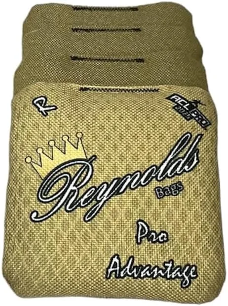 Golden Reynolds cornhole bags from the Pro Advantage series, offering excellent versatility and balance for blocking and scoring shots.