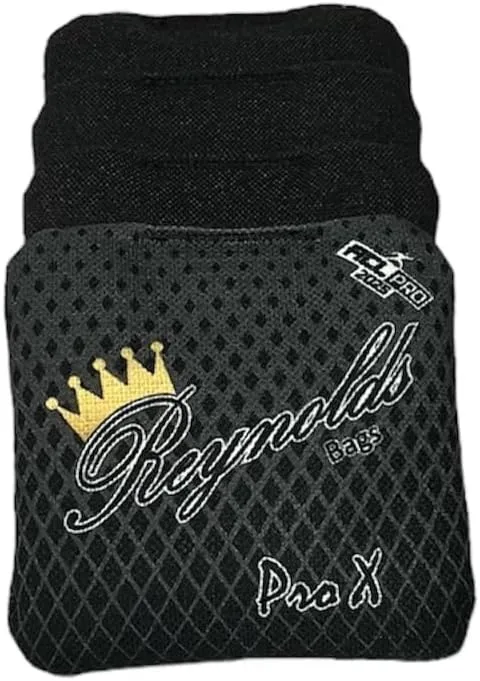 Black Reynolds cornhole bags from the Pro X series, designed for competitive players seeking precision and consistency on the board.