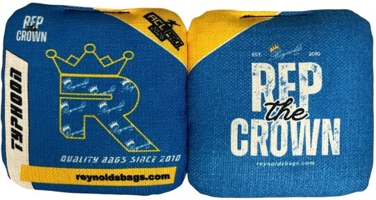 Blue Reynolds cornhole bags from the Typhoon series, providing players with superior grip and precision on every throw.