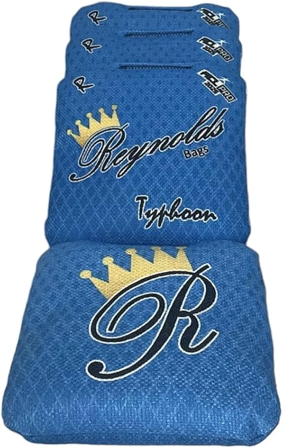 Best Cornhole Bags: Blue Reynolds cornhole bags from the Typhoon series, providing players with superior grip and precision on every throw.