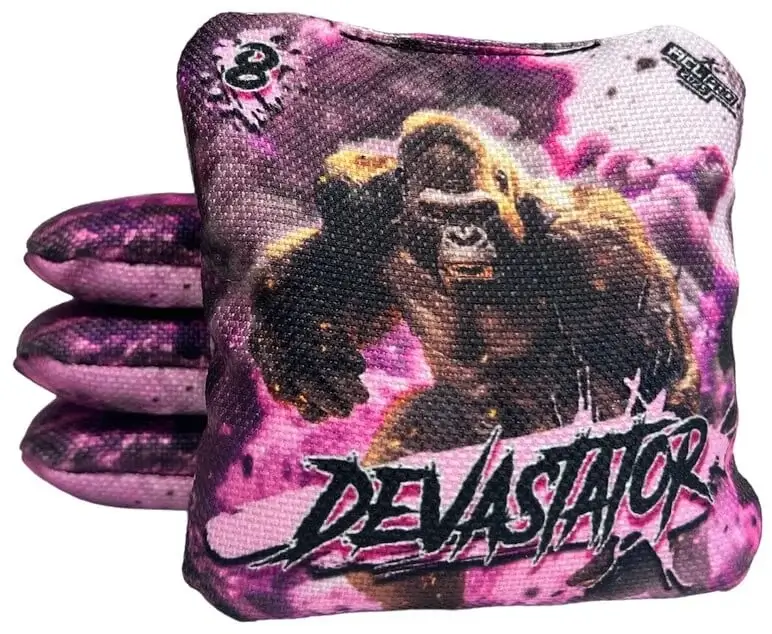 Set of Titan Cornhole bags from the Devastator series, showcasing a fierce gorilla design in purple and pink tones. The text 'DEVASTATOR' is prominently displayed on the bags, with a speed rating of 8.