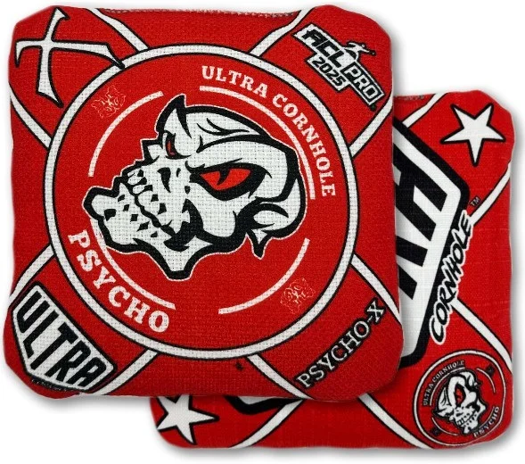 Psycho X Red and White Ultra Cornhole Bag: This Ultra Cornhole bag showcases a fierce red and white color scheme, with a large skull graphic at the center and bold "Psycho X" branding. The reverse side has a slightly textured red fabric for optimal control. Known for its speed and aggressive playstyle, this bag is designed for players who want both flair and performance.