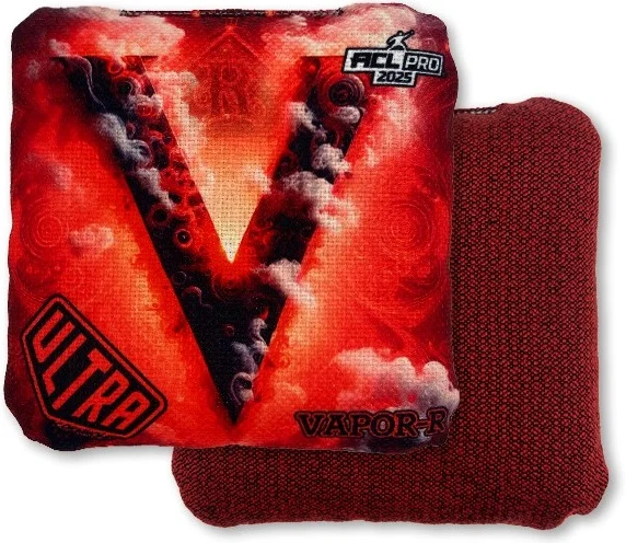 Vapor R Red Hot Ultra Cornhole Bag: The Ultra Vapor bag features a bold red "V" graphic surrounded by clouds and intense red background imagery, emphasizing the bag’s fiery performance. The reverse side is deep red with a soft texture, perfect for a controlled yet fast-paced game. This Ultra Cornhole bag is all about speed and precision, ideal for aggressive players.