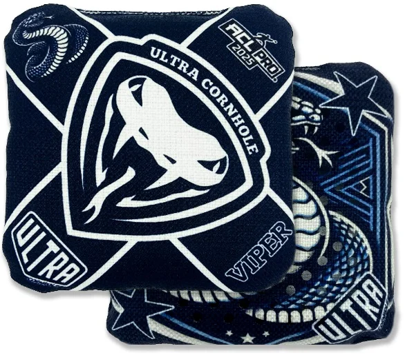 Viper Navy 2025 Ultra Cornhole Bags: With a navy blue and black design, this Ultra Viper bag features a bold viper emblem in the center. The dark tones give it a sleek and sharp appearance, while the reverse side has a matching navy texture. It’s built for players who need consistent performance and grip in any game condition.