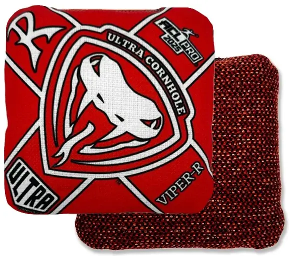 Viper-R Red Ultra Cornhole Bag: This Ultra Cornhole bag is striking with its bold red and black design. The central graphic features a fierce viper's head, with the iconic "Viper-R" branding and sharp lines that radiate from the logo. The reverse side has a textured black-and-red woven surface, perfect for grip and control during play. Known for its speed and accuracy, this bag is a favorite among competitive players looking for precision and power.