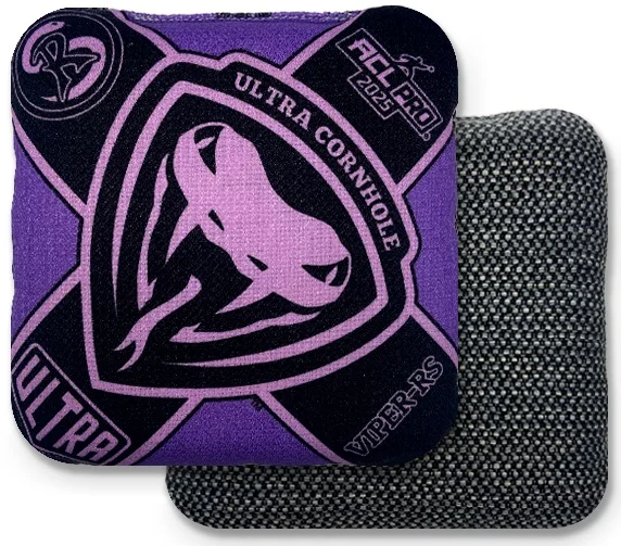 Viper RS Purple Ultra Cornhole Bag: A striking purple and black design featuring the Viper logo, with "Ultra Cornhole" and "Viper-RS" branding. The reverse side has a gray carbon-textured surface for enhanced grip and control, perfect for players looking for a mix of speed and precision.