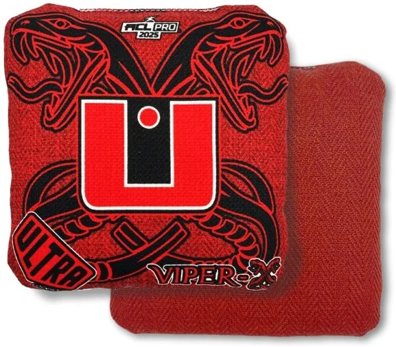 Viper X Icon Red Ultra Cornhole Bag: This Ultra Cornhole bag showcases a dramatic, double-headed viper design, with intricate red and black details. The center features the Ultra logo, and the overall design evokes strength and intimidation. The reverse side is a solid red fabric, offering a soft yet durable grip for optimal control. The "Viper X" series is designed for players who value both speed and control in their game.