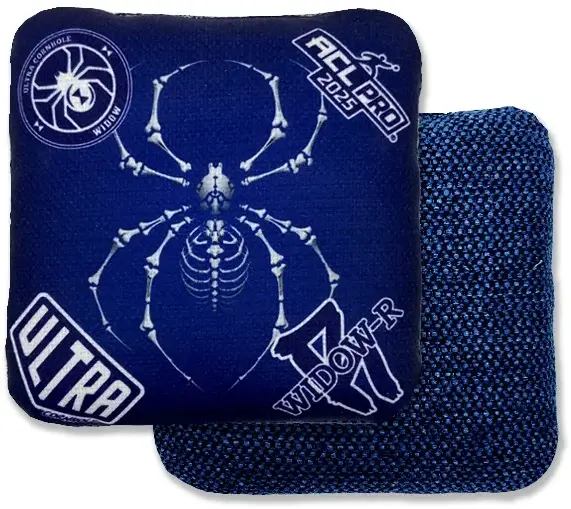 Widow-R Navy Bones Ultra Cornhole Bag: This Ultra Cornhole bag stands out with its dark navy background and bold white skeletal spider graphic in the center, perfectly matching the "Widow-R" branding. The reverse side features a blue and black textured surface that provides excellent grip for consistent throwing accuracy. The "Widow-R" series is known for its versatility and performance on the board, giving players an edge in every condition.