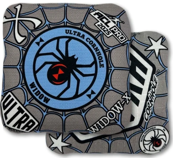 Widow-X Gray and Light Blue Ultra Cornhole Bag: Featuring a detailed spiderweb pattern on a light gray background, this Ultra Cornhole bag has a blue circle in the center with a black widow spider. The "Widow-X" branding is prominent, and the design has a sleek, modern look. The reverse side has a smooth, light-blue surface, ideal for controlled slides and precise throws. This bag combines style and functionality, making it a top choice for players who appreciate a balanced playing experience.