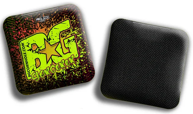 BG Sorcerer cornhole bag set, displaying the front and back views. The front side features a bold 'BG Sorcerer' logo with yellow and green highlights, while the back shows a textured black herringbone pattern for the slow side.