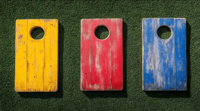 Three rustic wooden cornhole boards in vibrant yellow, red, and blue, arranged side by side on a green lawn. The boards have a weathered look, with distinct holes near the top, creating a classic and colorful setup for a cornhole game.