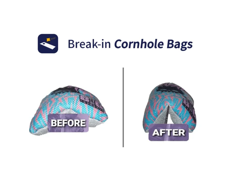 Before and after comparison of cornhole bags using a break-in method. The 'before' image shows a stiff, unbroken-in cornhole bag, while the 'after' image displays a softer, broken-in bag. The images are side by side with labels 'BEFORE' and 'AFTER' underneath, accompanied by a logo and the text 'Break-in Cornhole Bags' at the top