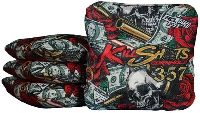 Killshots 357 Cornhole Bags featuring a bold skull design with bullet casings, dollar bills, and red roses, providing a durable, eye-catching look for cornhole enthusiasts.