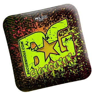 BG Sorcerer cornhole bag featuring a vibrant yellow and green logo with a splattered paint design against a black background. The logo reads 'BG Sorcerer' with the ACL Pro 2025 badge on the top.