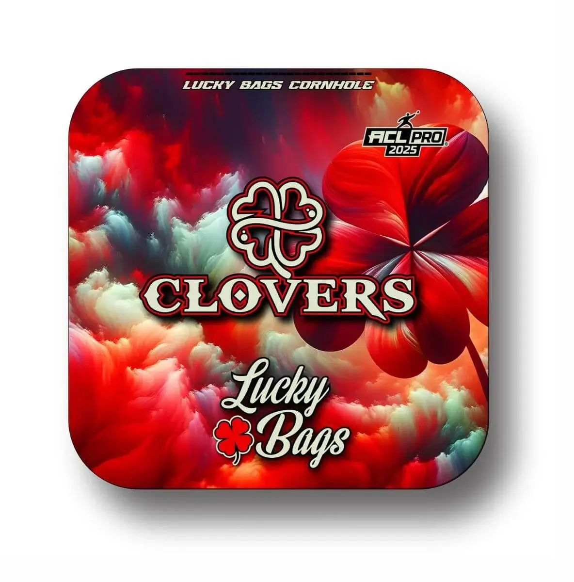 Clovers cornhole bag by Lucky Bags Cornhole featuring a vibrant red and cloud design with a four-leaf clover logo and ACL Pro 2025 branding.