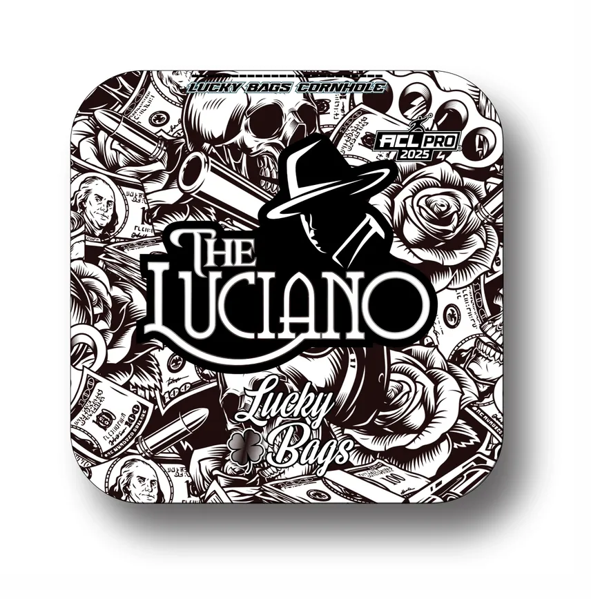 The Luciano cornhole bag by Lucky Bags Cornhole featuring a black and white design with a silhouette of a man in a hat, surrounded by dollar bills, roses, and skulls, representing a classic mobster theme.