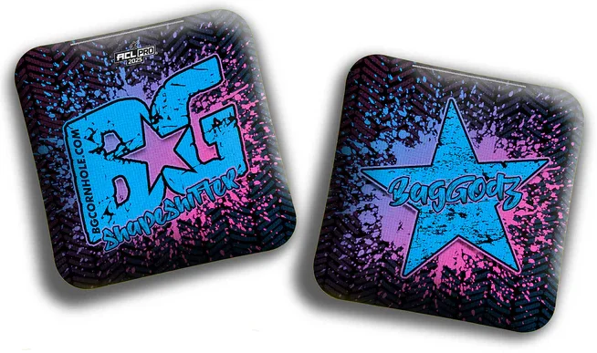 BG Shapeshifter cornhole bags front and back view. Front showcases the colorful 'BG Shapeshifter' logo, while the back displays the 'Bag Godz' logo with a blue star on a matching color scheme.