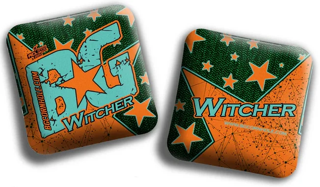 An image of BG Witcher Cornhole bags. The front design features the BG logo in bold, with the word "Witcher" beneath it in orange and teal colors. The background is decorated with stars and splatter patterns, with a contrasting green and orange color scheme. The back of the bag shows the Witcher name prominently along with a similar star-themed design, maintaining a consistent aesthetic across both sides. These bags are ACL Pro 2025 approved, designed for cornhole gameplay.